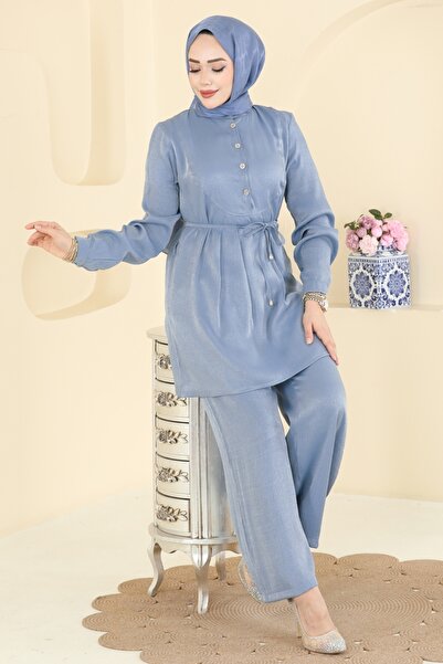 ModaMerve Bağcıklı Parlak Bürümcük Takım 0352ERK1158-MS Mavi