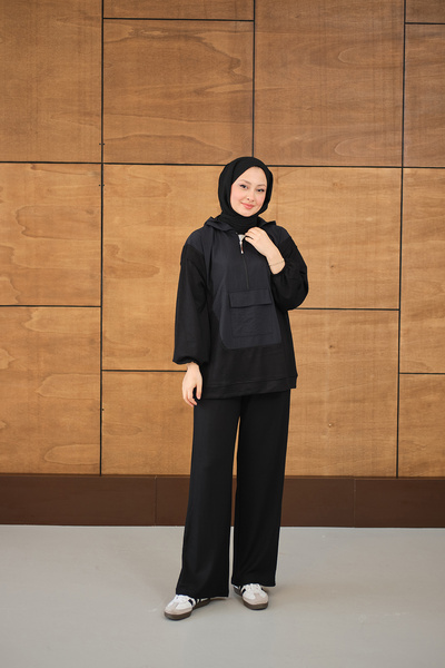 LOCCO Women's Half-Zip Single-Pocket Trouser Suit Black