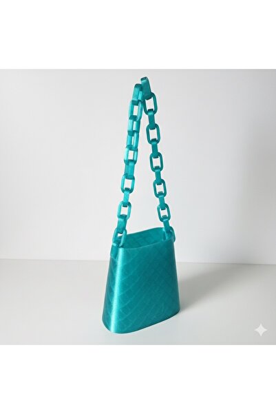 Mottopi Chain Vertical Bag, Hand and Shoulder Bag, 3D Print Bag - Neon Blue