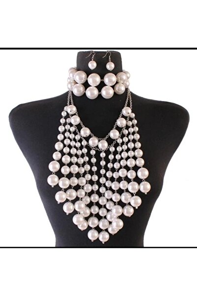 Shiklik Pearl Detailed Multi-Layered Dangle Women's Jewelry Set - Necklace, B...