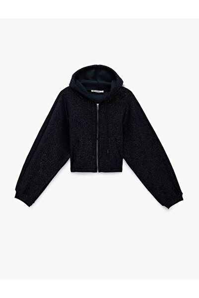 Koton Şardonlu Balon Kol Simli Kanguru Cepli Kapüşonlu Fermuarlı Oversize Swe...