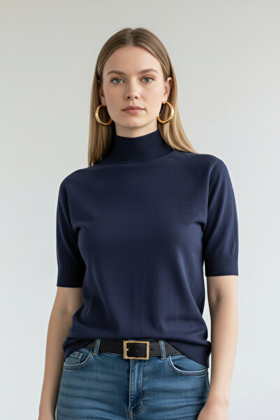 Vireo Club Women's Stand Collar Premium Quality Short Sleeve Knitwear Blouse