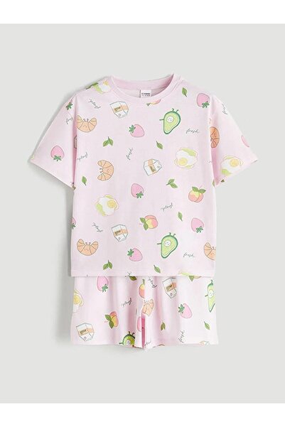LC Waikiki Pembe Bisiklet Yaka Baskılı Kız Çocuk Şortlu Pijama Takımı (S6)