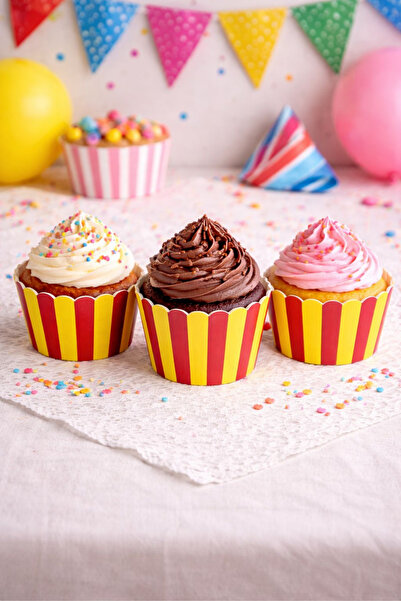 NEWPARİ Sarı Kırmızı Temalı Cupcake & Muffin Kek Kalıbı Fırında Dağılmaz (25'...