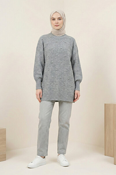 FERHEL Women's Slit Tunic with Pompom Detail - Gray