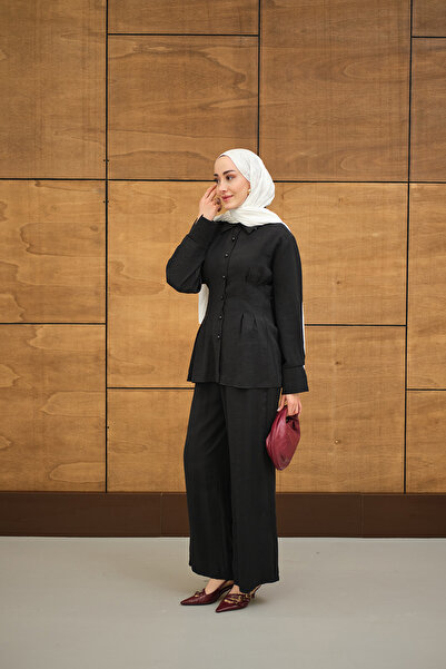 LOCCO Women's Pleated Waist Detail Two-Belt Shirt Collar Suit Black