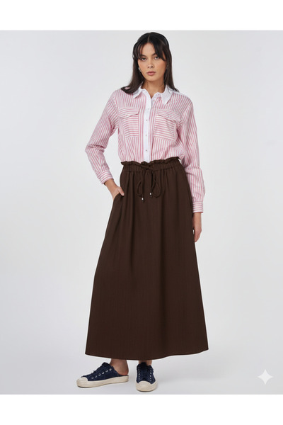 Kayra Elastic Waist Denim Skirt Brown