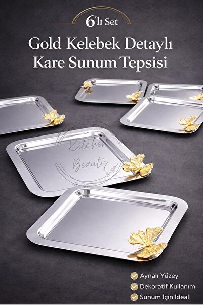Kitchen Beauty 6'lı Gold Kelebek Detaylı Paslanmaz Çelik Kahve Tepsisi Şık Ka...