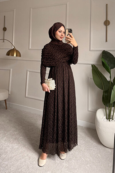 LOCCO Women's Self-Patterned Tulle Detail Elastic Waist Dress Brown