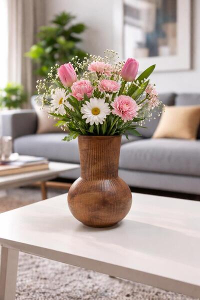 İLİVA Nordic Style Brown Ceramic Vase Minimalist Chubby Desktop Decorative Ob...