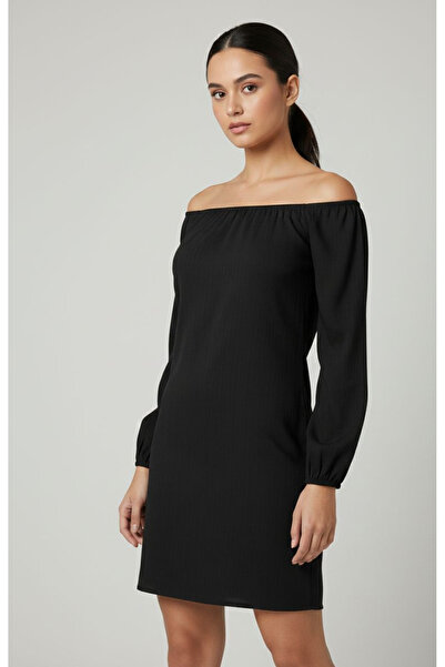 Kutaf Women's Black Boat Neck Dress – Off the Shoulder Long Sleeve Mini Styli...