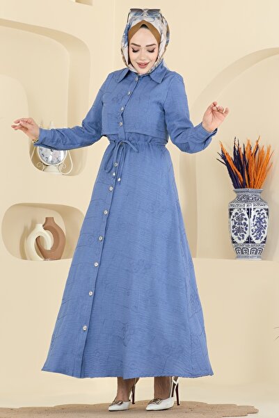 ModaMerve Rüzgarlık Detaylı Keten Elbise 3307BLU797-MS İndigo