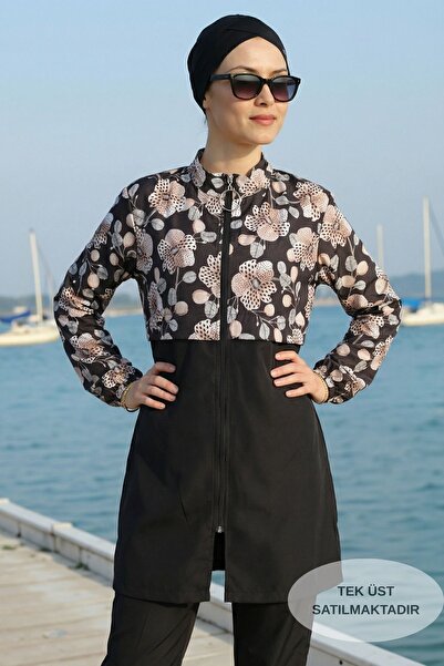 armonika Patterned Top, High Collar, Front Zipper, Elastic, Quick Drying, Bur...