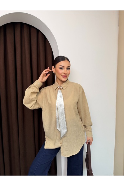 Hatun Atila Textured Shirt with Collar Accessories and Scarf Detail 9003 - Beige
