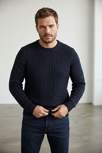 Sarar İnterview 0 Collar Hair Braid Patterned Wool Navy Blue Knitwear Sweater