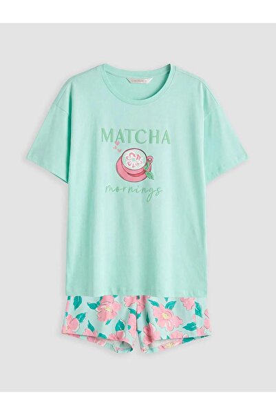 LC Waikiki Turquoise Crew Neck Printed Women's Shorts Pajama Set (S6)