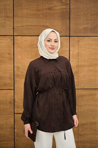 LOCCO Women's Waist-Tie Tencele Shirt Brown