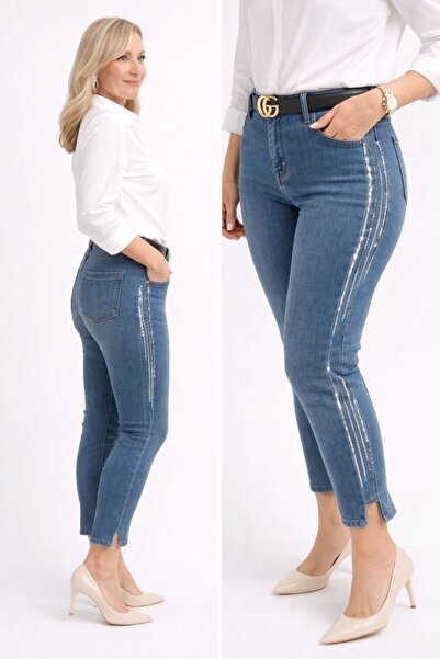 Zümrüt Moda Butik Kadın Yanı Taşlı Payetli Şerit Detaylı Jean - Yüksek Bel Da...
