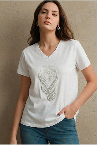 FEMELLE White 100% Cotton V-Neck T-Shirt with Sequins and Beads Embroidery