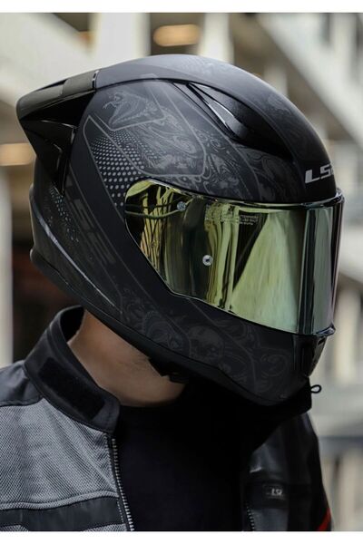 LS2 Rapıd 2 Race Crypt Mat Siyah Kask Gold vizörlü (+1 Şeffaf Vizör)