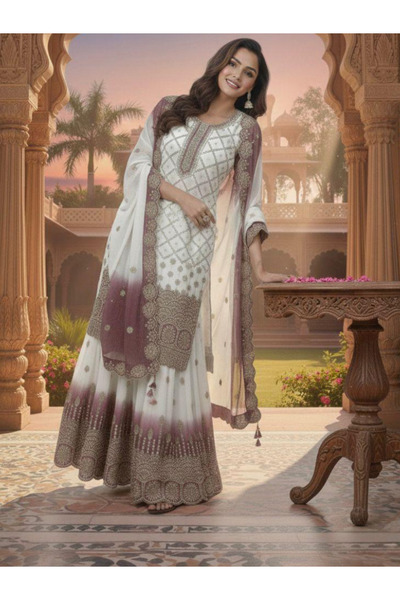 MYSMAR White & Purple Georgette Top Plazzo & Dupatta - HRT7151 | White & Purple