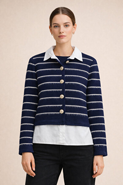 FERHEL Buttoned Shirt Detailed Cardigan with Bearded Rope - Navy Blue