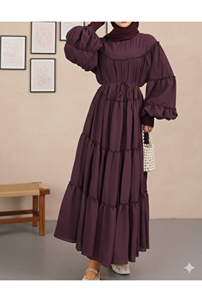 bellura Layered Ruffle Detailed Dress with Elasticated Sleeves and Ties