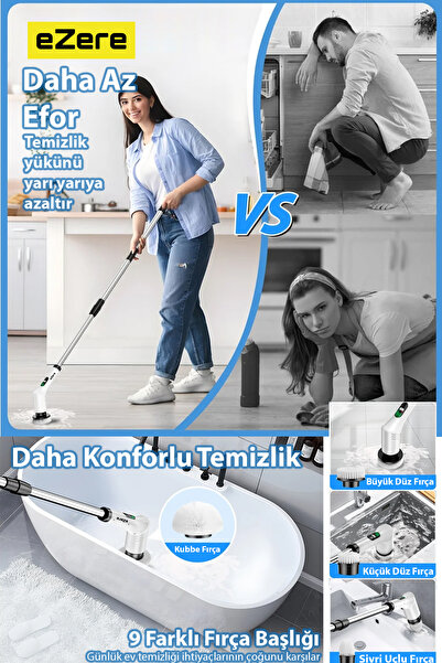 EZERE SpinPro 9-in-1 Teleskopik Şarjlı Dijital Temizlik Fırçası 30W