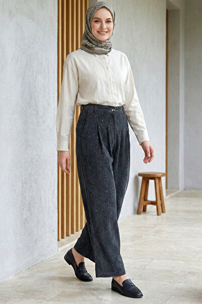 FERHEL Velvet Pants with Pockets and Wide Legs with Sequin Detail - Anthracite