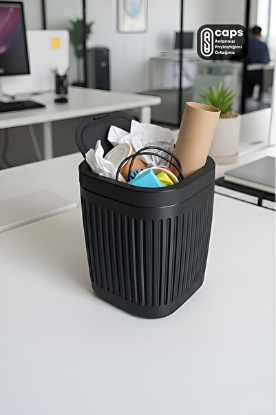 caps office Kapaklı Masaüstü Siyah Çöp Kovası – Ofis ve Çalışma Masası İçin Ş...