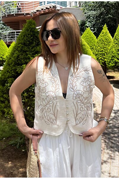 Daves Embroidered Muslin Linen Vest - Beige