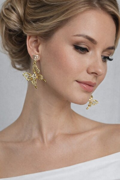 incitanesii Kelebek Figürlü Altın Renk Kadın Küpe – Taş Detaylı Zarif ve Şık ...