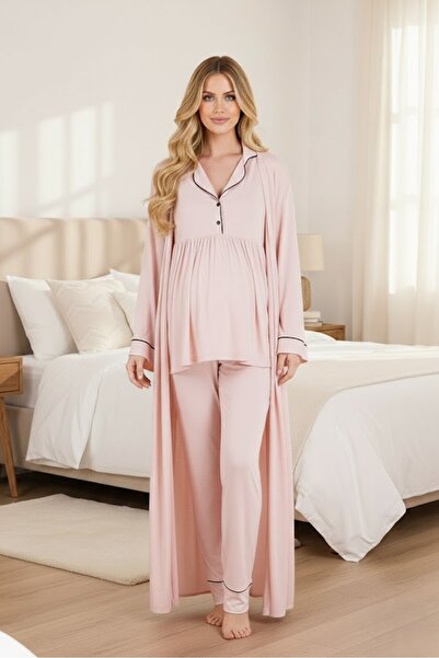 Lohussa New Season Pink Ribbed Long Sleeve Maternity Long Dressing Gown Pajam...