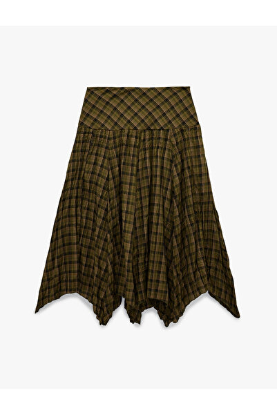 Koton Standart Bel Asimetrik Kesim Midi Ekose Etek