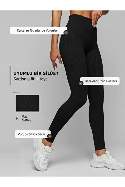Moda Days Women's Premium Ribbed High Waist Gathering Black Leggings Flexible Daily Sports Basic Long Leggings