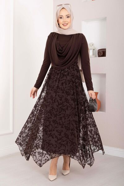 EBRUTESETTÜR Flock Printed Asymmetrical Cut Tulle Skirt Brown