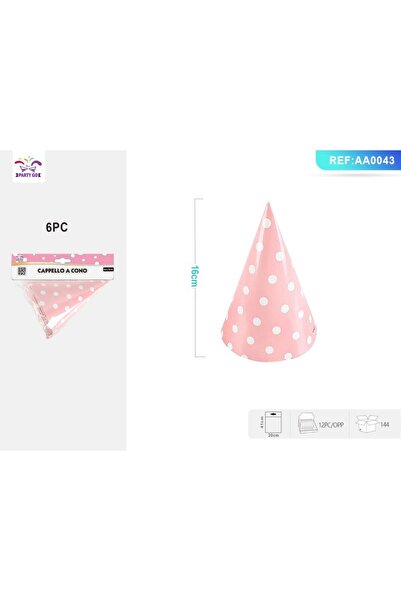 MC Micostore Καπέλο πάρτι PartyGo, 16cm, λευκές βούλες, ροζ, AA0043, σετ 6 τε...