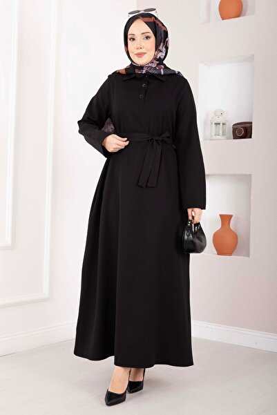 Mat Softline Half Buttoned Belted Hijab Dress Black
