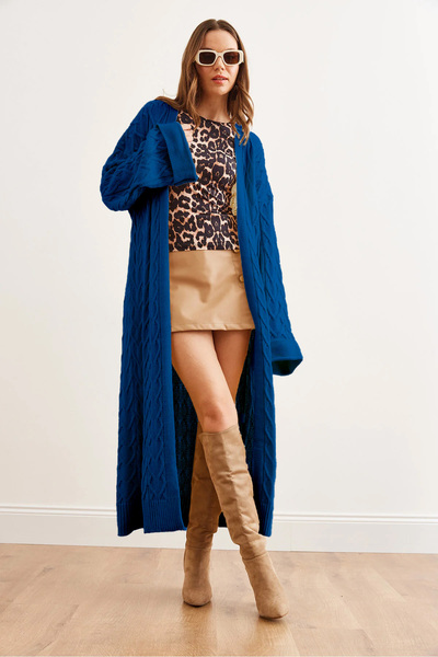 Olalook Women's Saks Blue Hair Knit Cuff Folded Maxi Knitwear Cardigan Hrk-19...