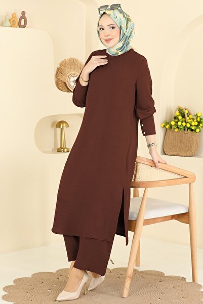 ModaMerve Manşeti Düğmeli Aerobin Takım PL9207-MS Kahve