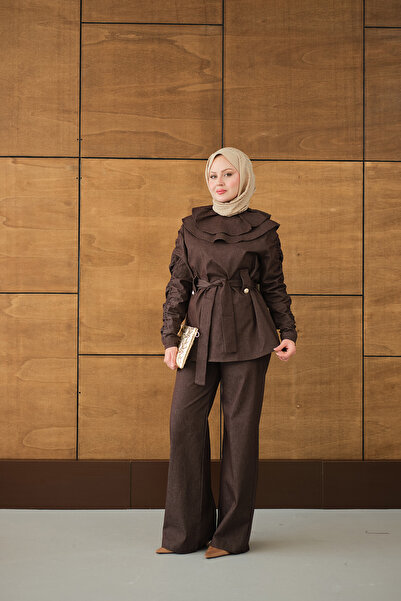 LOCCO Women's Sleeveless Gathered Button Detail Waist Tie Suit Brown