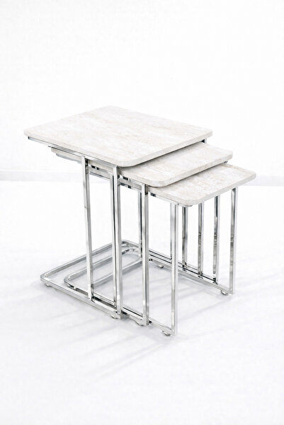 Riyes Tasarım C Zigon KROM Tekerlekli 3'lü Sehpa Seti – Metal Ayaklı – Modern...