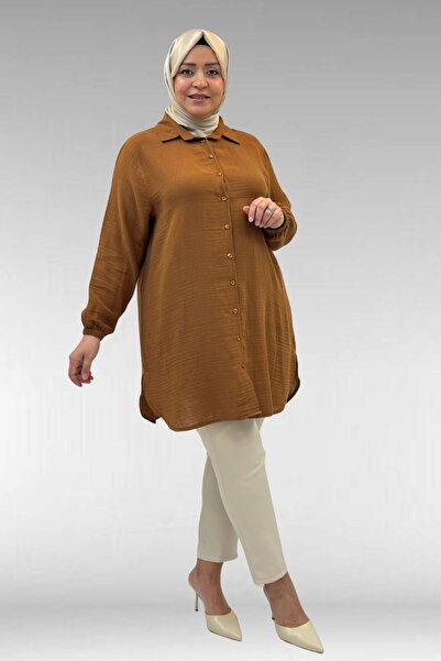 Eslina 58091 Plus Size Muslin Shirt with Elastic Sleeves - Brown