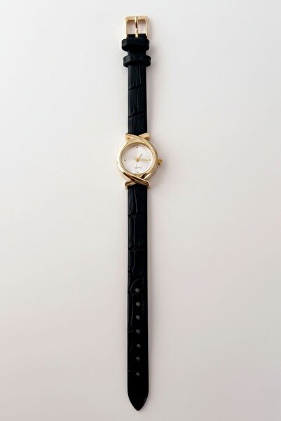 Pukka Accessories Kadın Gold Çelik Siyah Deri Kordonlu Minimal Yuvarlak Quart...