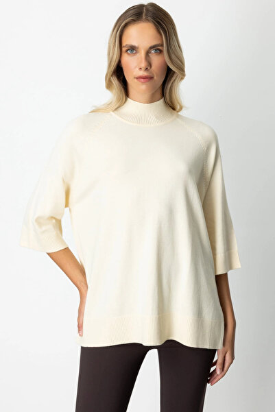 On Fashion Women's Buttoned Back Slit Fisherman Casual Cream Color Sweater 65310