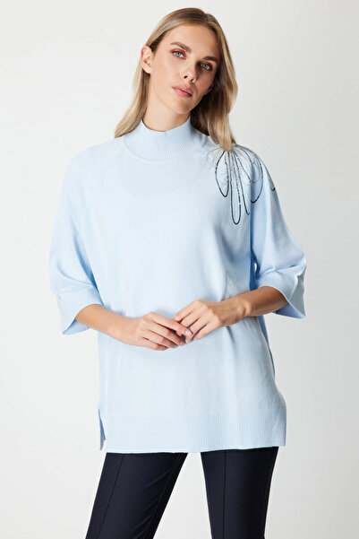 On Fashion Women's Half Sleeve One Shoulder Chain Blue Sweater 65381