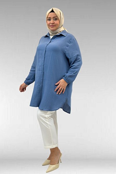 Eslina 58091 Plus Size Muslin Shirt with Elastic Sleeves - Cool Blue