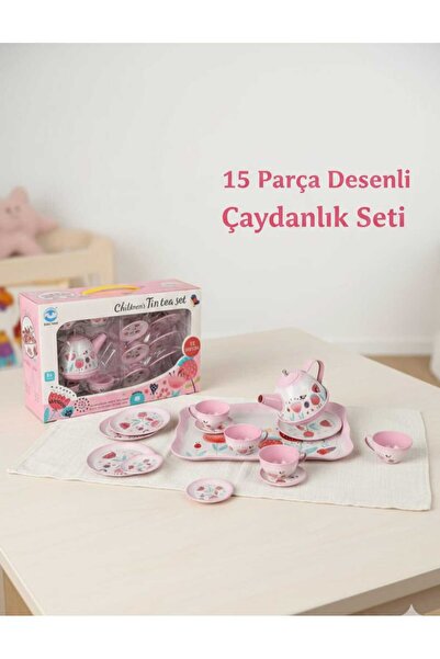 Aksoy Toys 15 Parça Desenli Metal Çaydanlık Seti Tepsili Çay Fincan Seti Pemb...