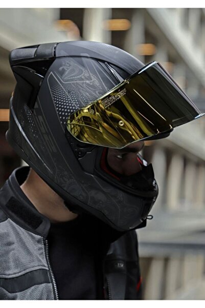 LS2 Rapıd 2 Race Crypt Mat Siyah Kask (Gold vizörlü)