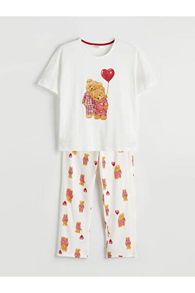 LC Waikiki Ecru Crew Neck Printed Women's Pajama Set (S6)